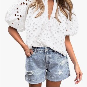 White Puff Sleeve Blouse with Cut Out Details